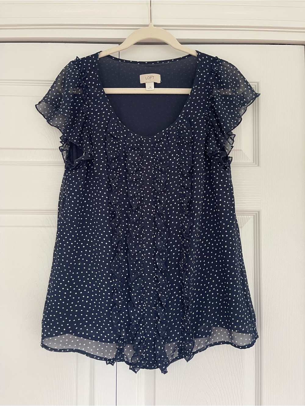 LOFT Navy White Polka Dot Ruffle Cap-Sleeve Blouse
